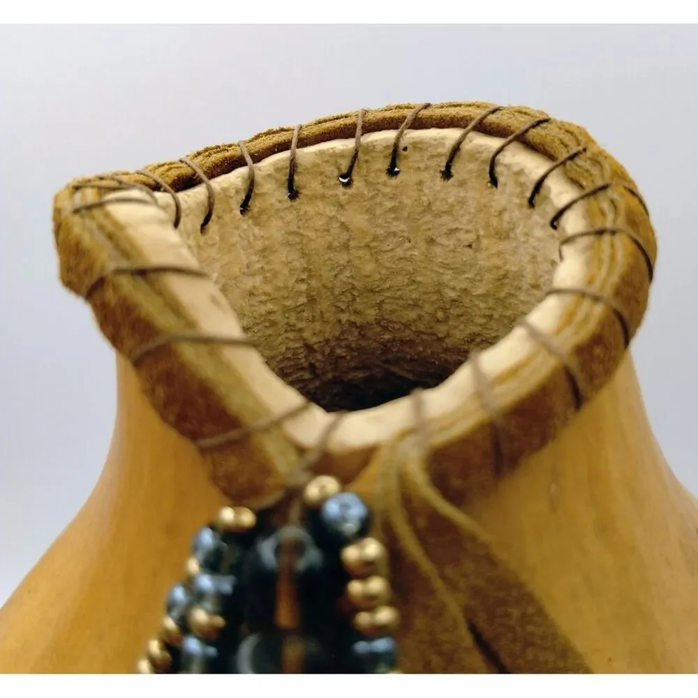Handmade Gourd Vase Leather Wrapped Crystal Beads Fringe Folk Art Boho Artisian